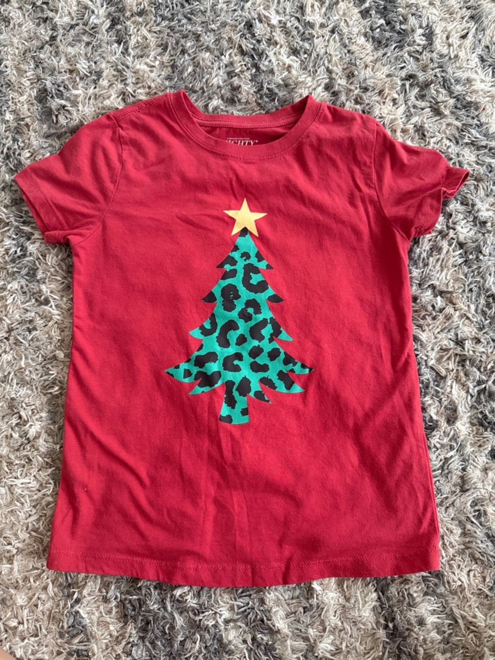 Red Kids Holiday Tee with Green Leopard Christmas Tree